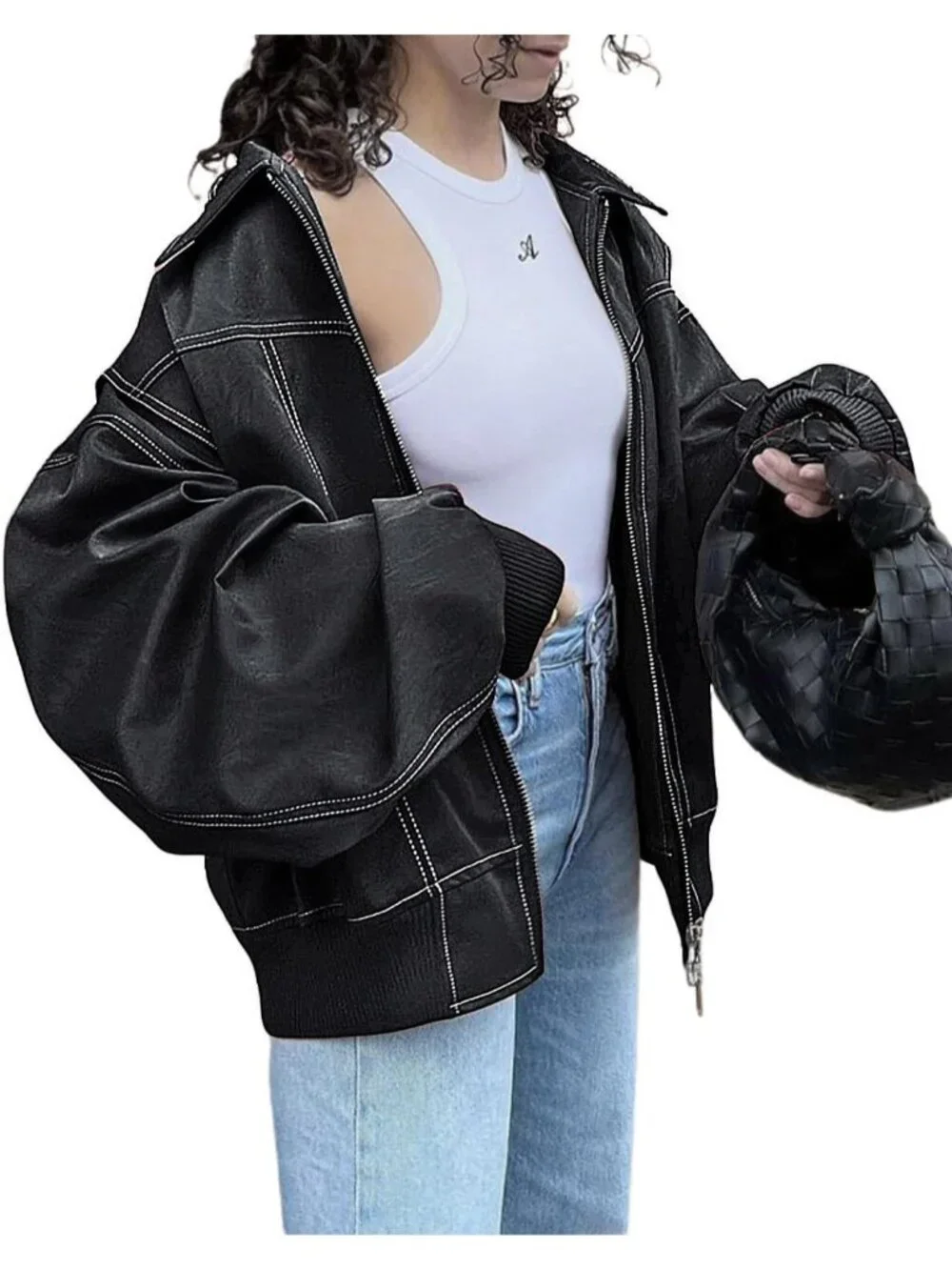 Women's Black Faux Leather Motorcycle Jacket Oversized Zip Up Loose Winter Coat
